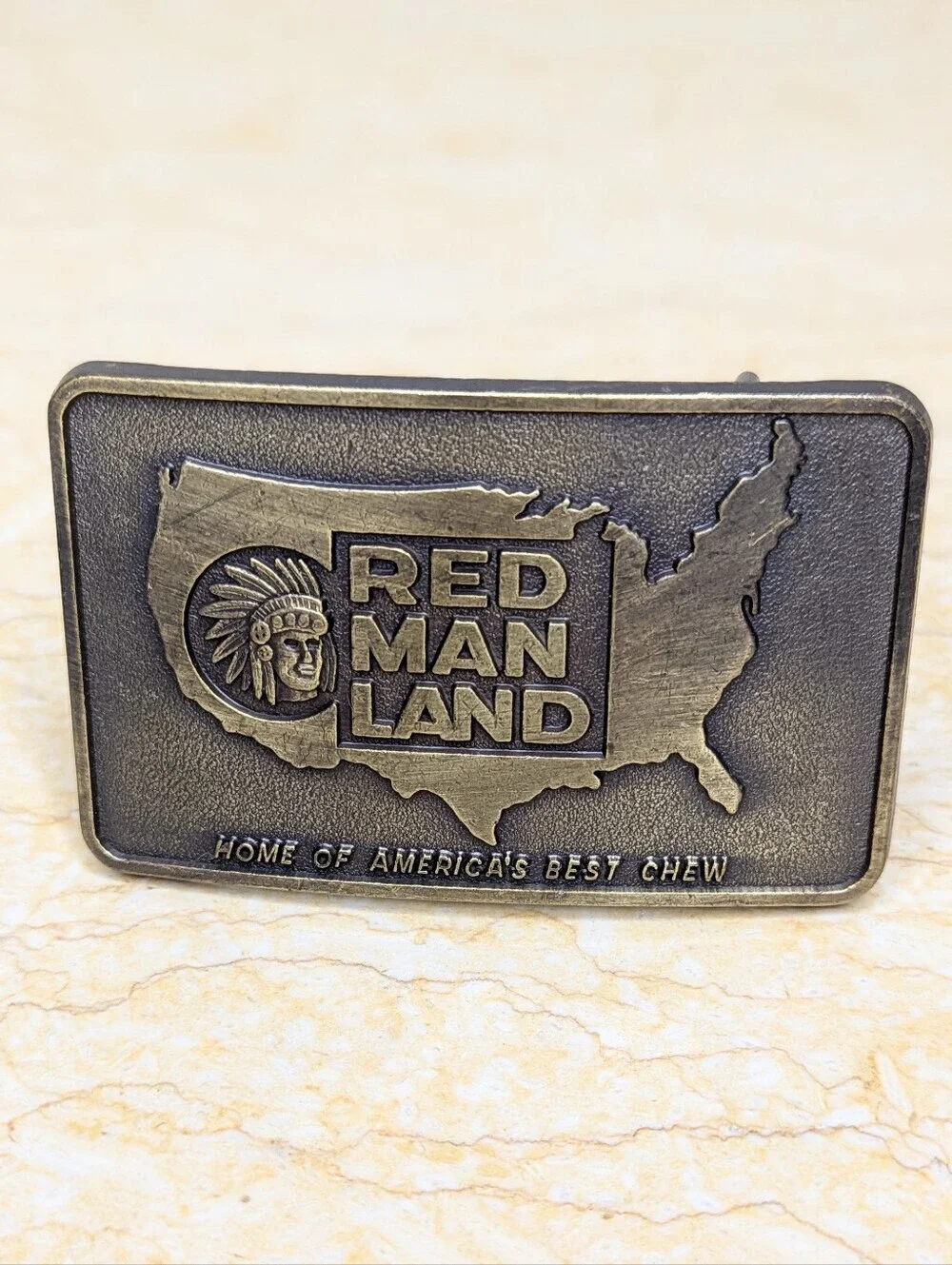 Vintage Red Man Land  Chewing Tobacco Brass Metal Belt Buckle